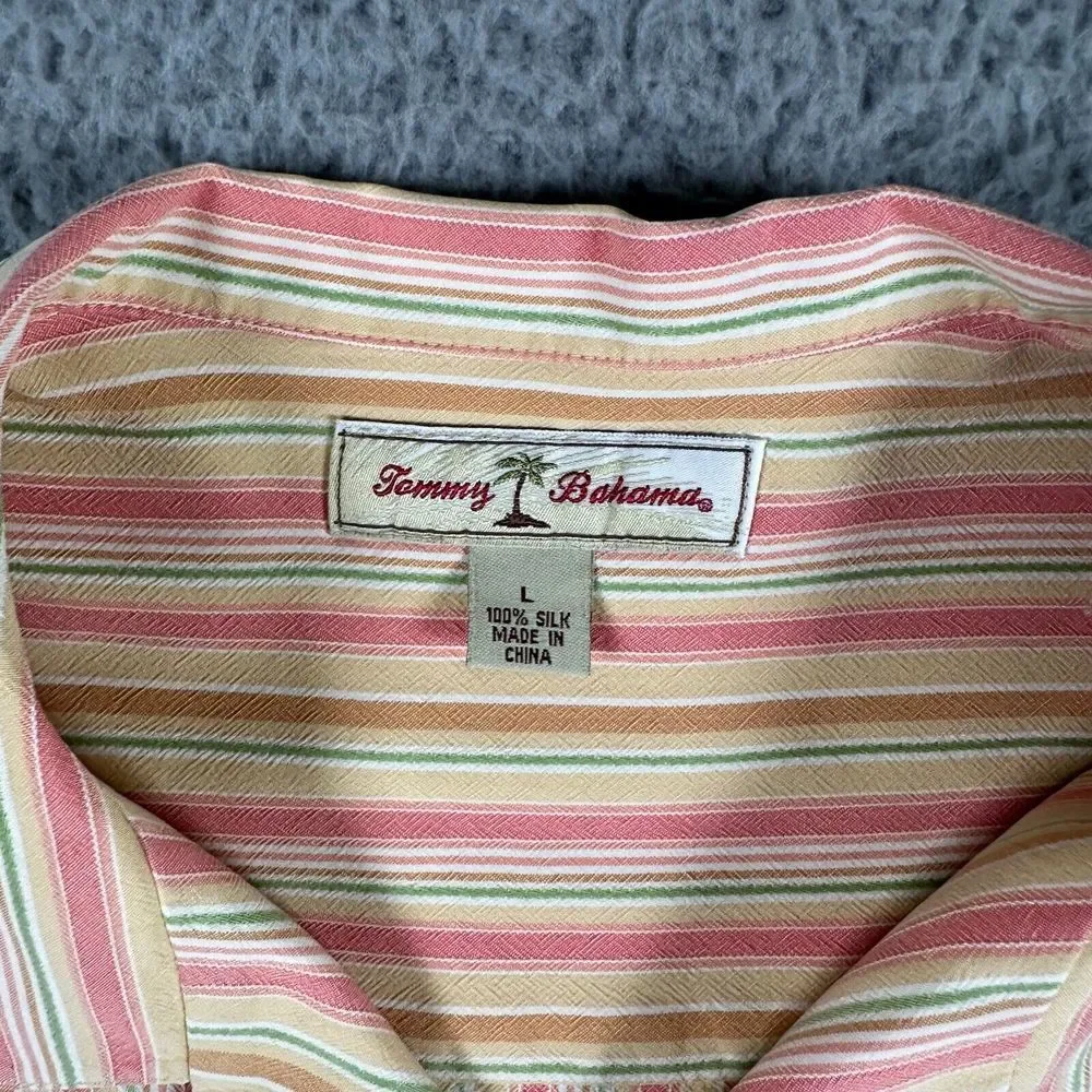 Tommy Bahama Silk Camp Shirt Men's Large Pastel Striped Silk‎ Button Up
